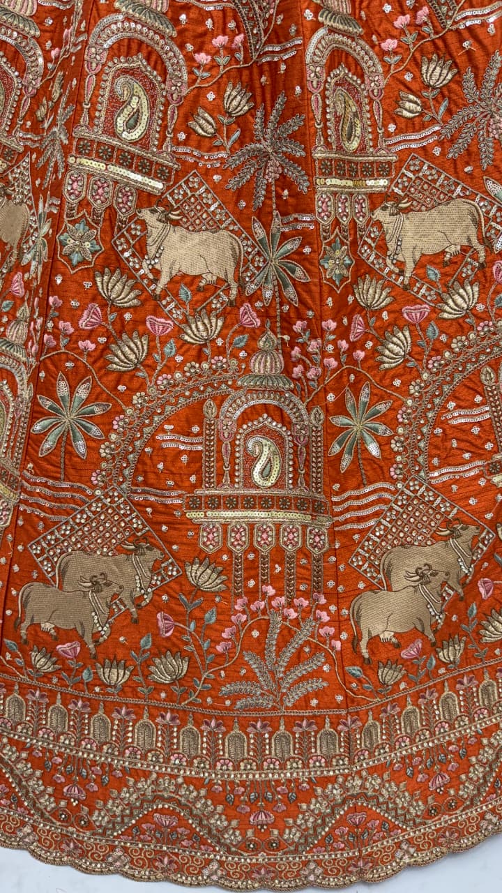 Exclusive Orange Figure Embroidered Designer Bridal Lehenga Choli