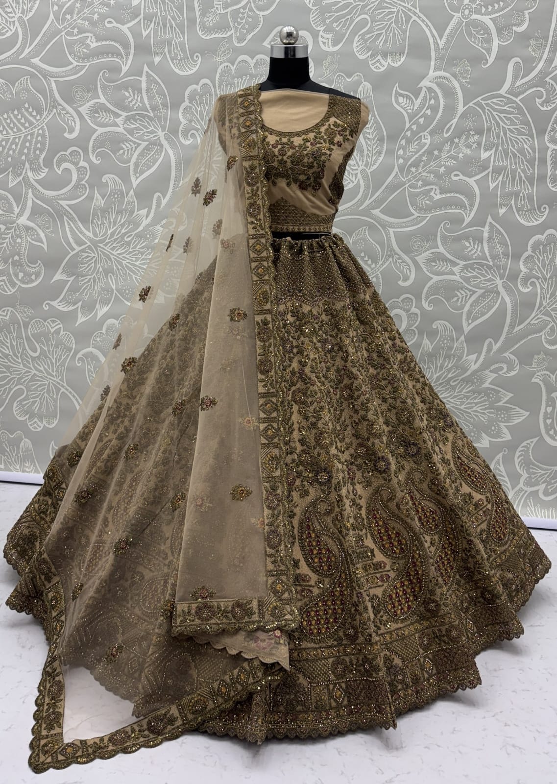 Grand Beige Zari Embroidery Net Sangeet Wear Lehenga Choli With Dupatta