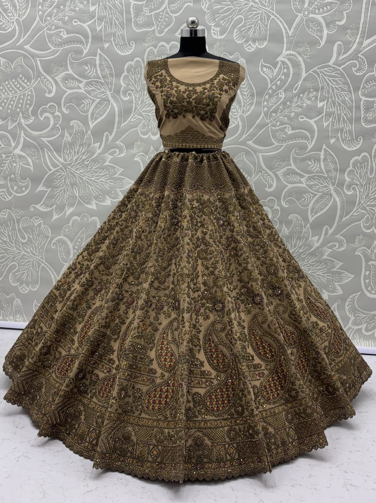 Grand Beige Zari Embroidery Net Sangeet Wear Lehenga Choli With Dupatta