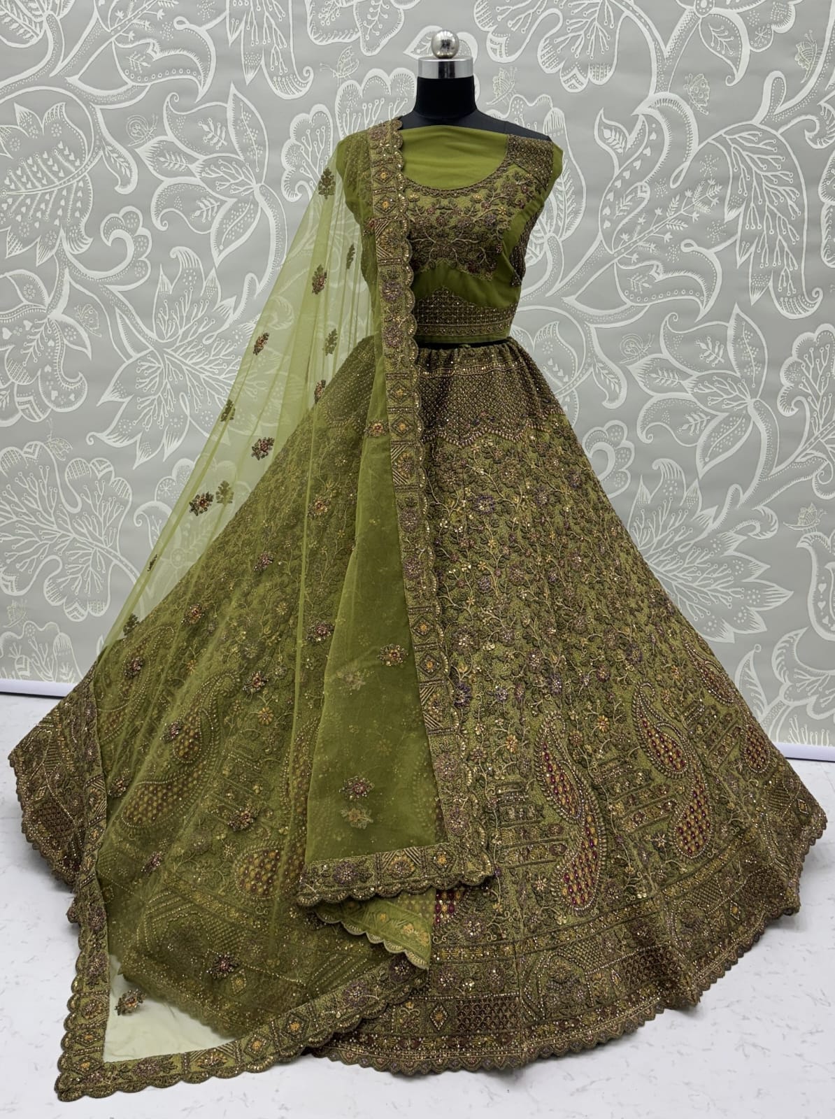 Excellent Olive Green Sequins Net Bridal Lehenga Choli With Dupatta