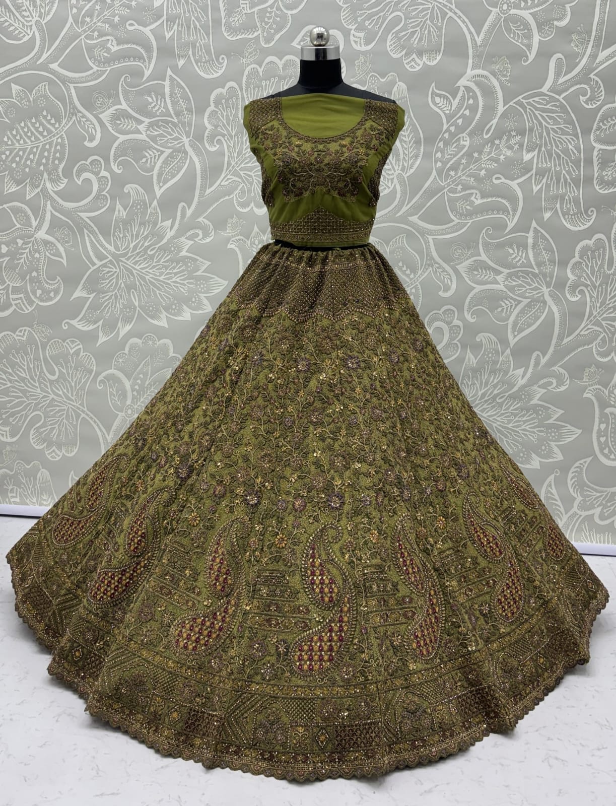 Excellent Olive Green Sequins Net Bridal Lehenga Choli With Dupatta