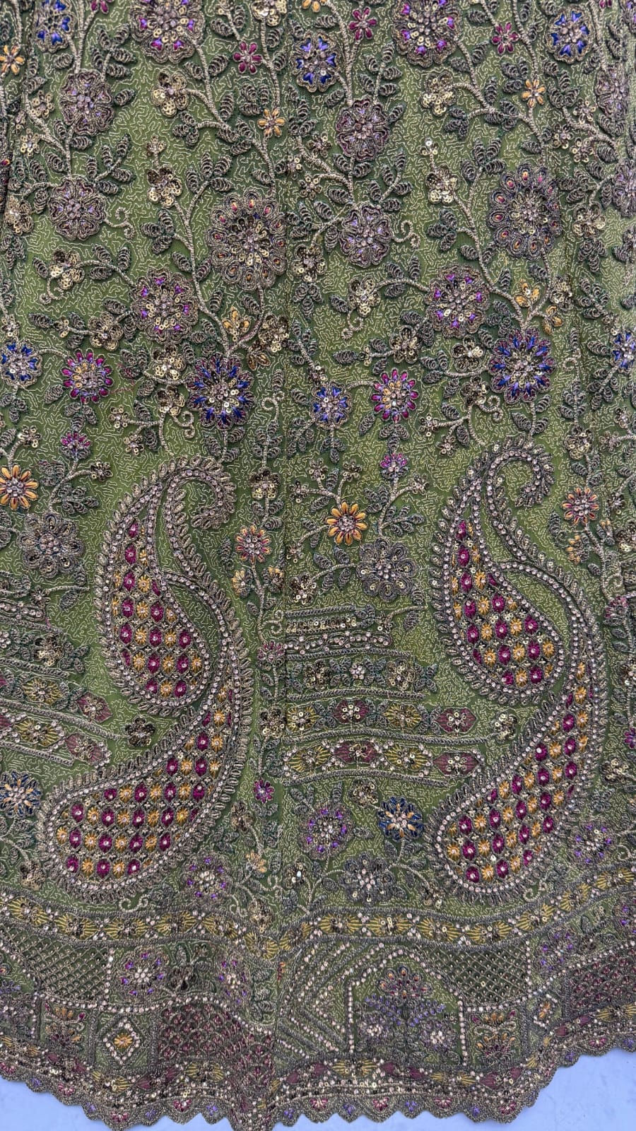 Excellent Olive Green Sequins Net Bridal Lehenga Choli With Dupatta