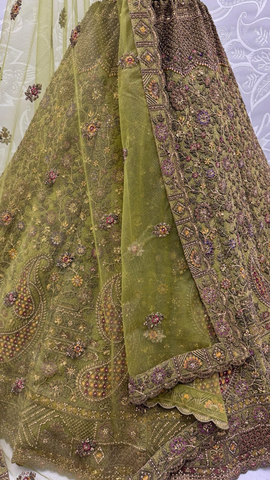 Excellent Olive Green Sequins Net Bridal Lehenga Choli With Dupatta