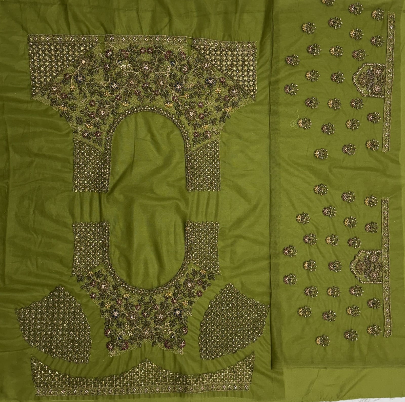 Excellent Olive Green Sequins Net Bridal Lehenga Choli With Dupatta