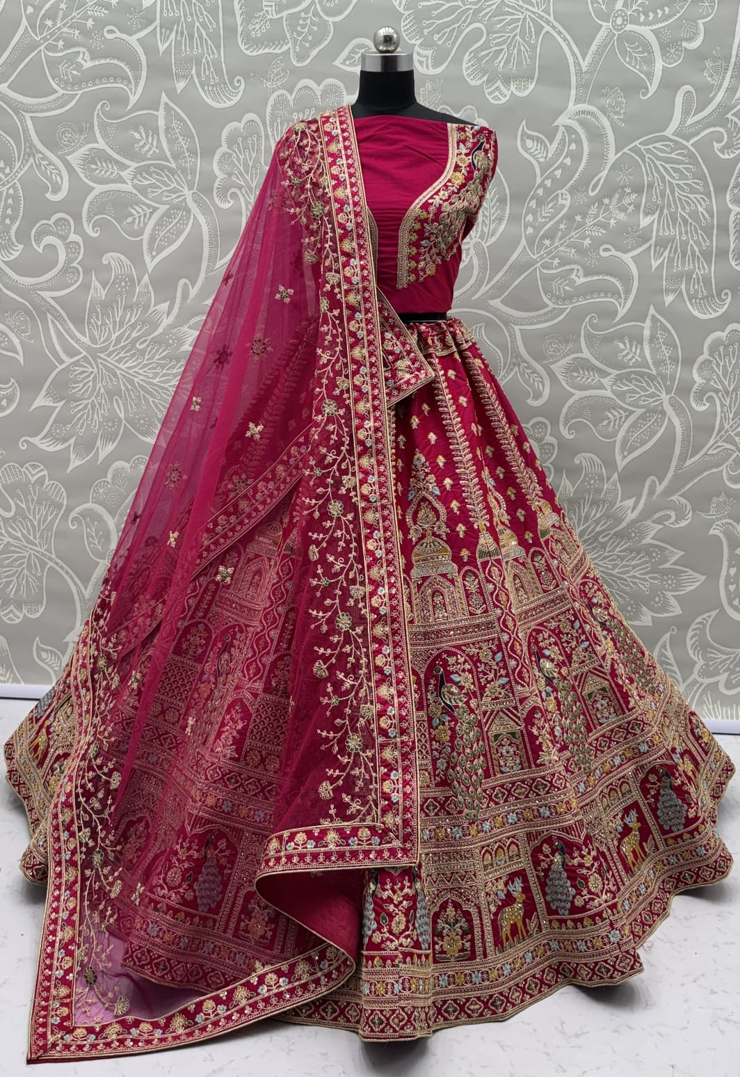 Dazzling Rani Pink Zari Work Silk Bridal Lehenga Choli With Double Dupatta
