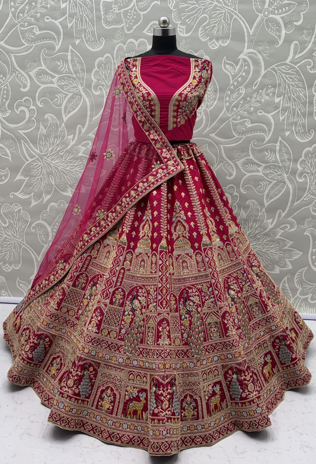Dazzling Rani Pink Zari Work Silk Bridal Lehenga Choli With Double Dupatta