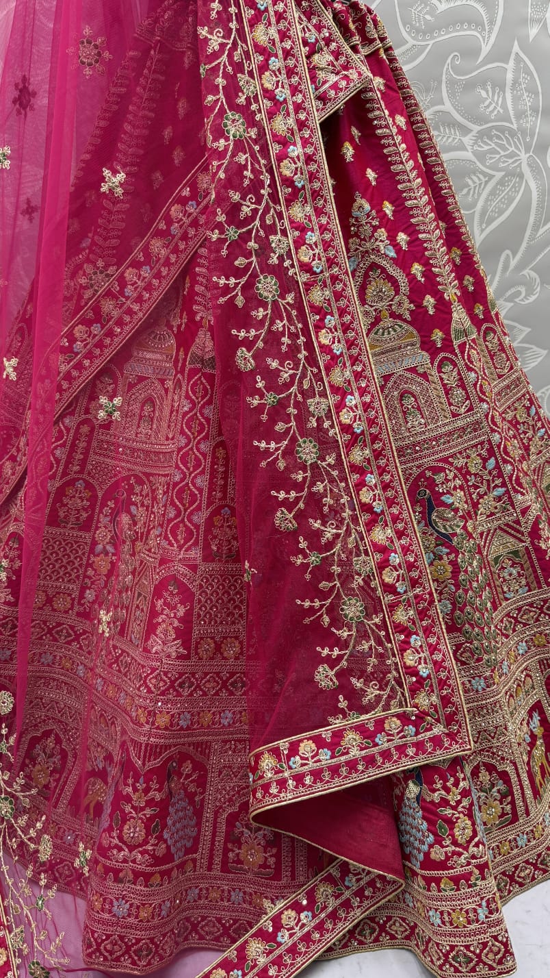 Dazzling Rani Pink Zari Work Silk Bridal Lehenga Choli With Double Dupatta