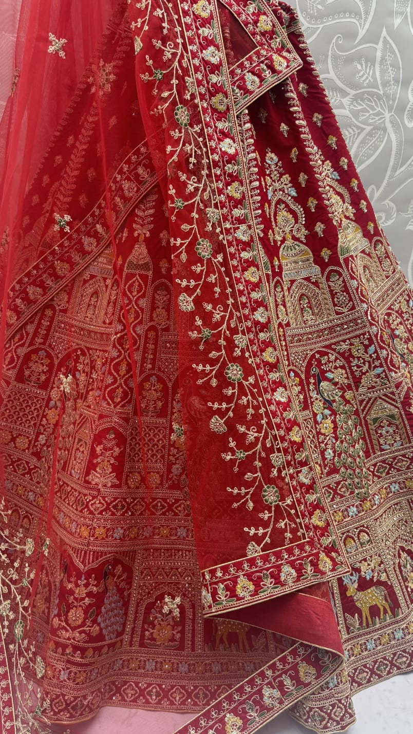 Sensational Red Thread Work Silk Bridal Lehenga Choli With Double Dupatta