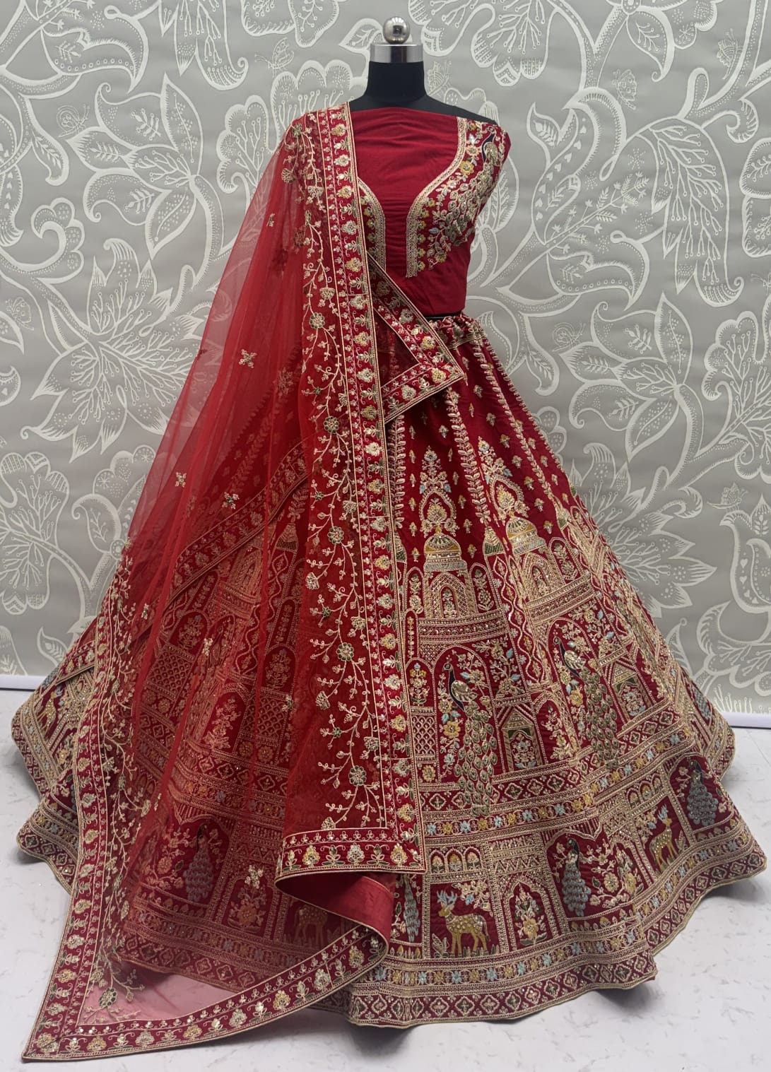 Sensational Red Thread Work Silk Bridal Lehenga Choli With Double Dupatta