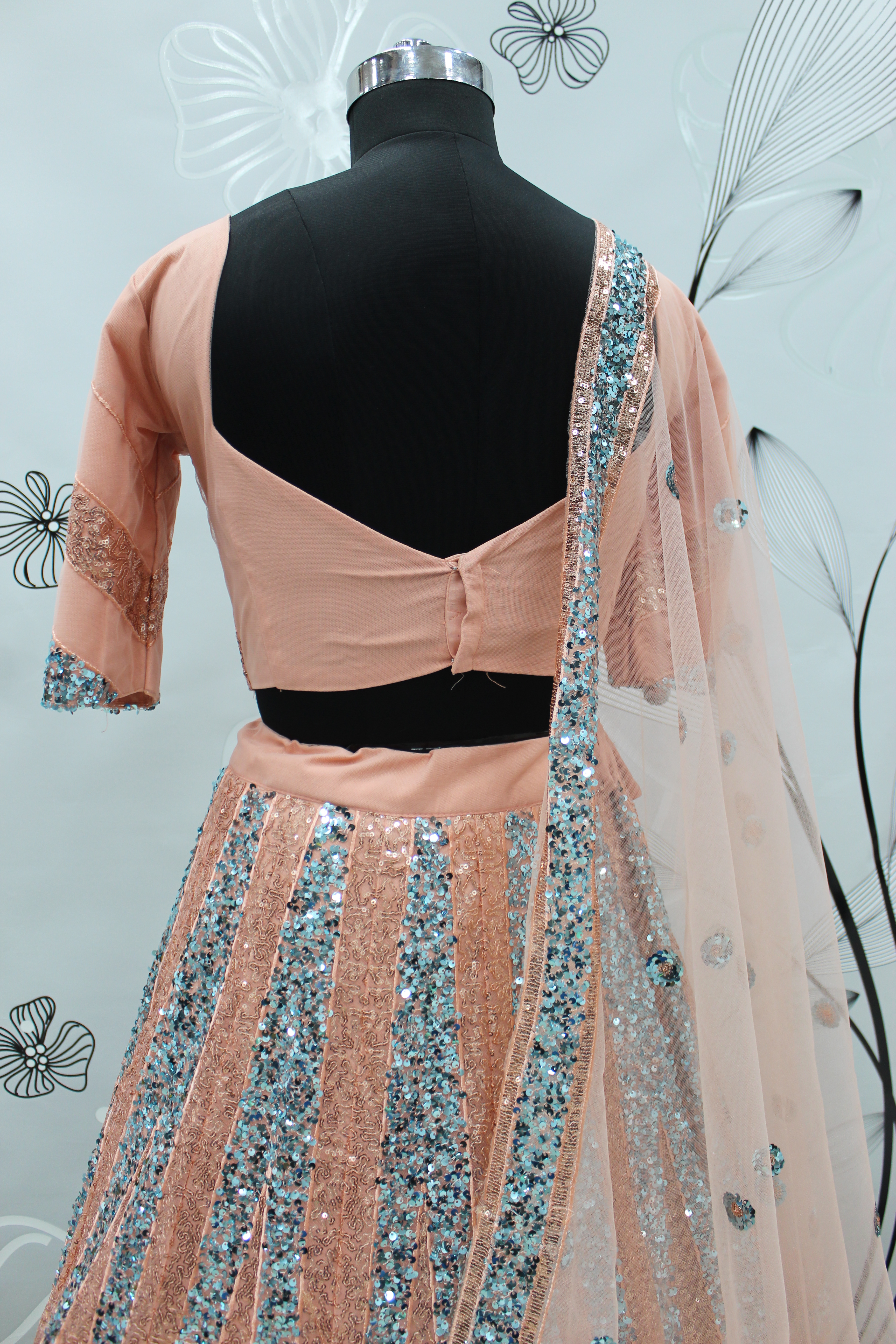 Embroidered work Net Lehenga Choli in Peach