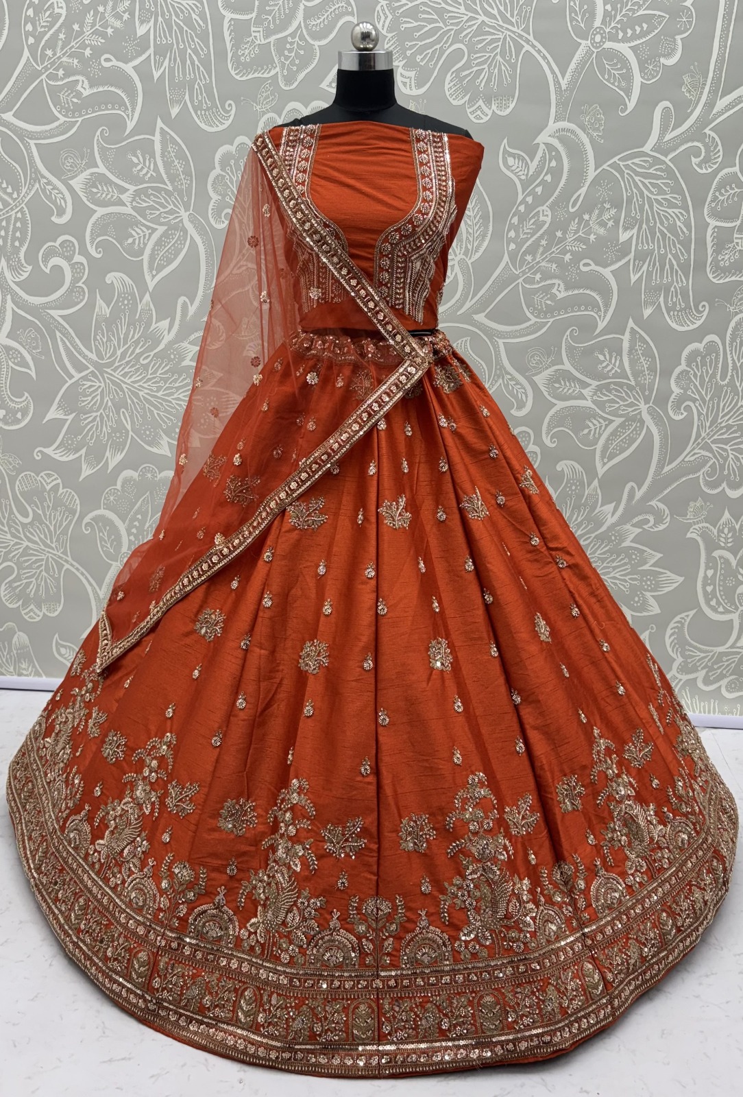 Royal Orange Dori Work Silk Bridal Lehenga Choli With Double Dupatta