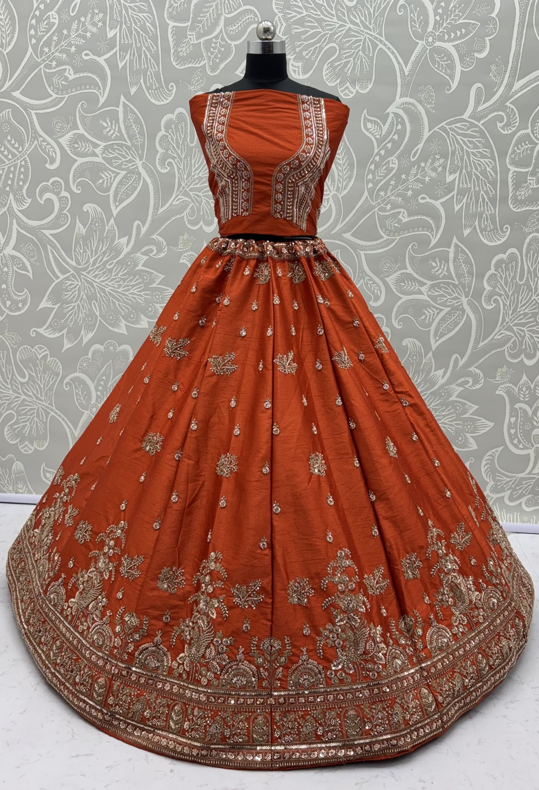 Royal Orange Dori Work Silk Bridal Lehenga Choli With Double Dupatta