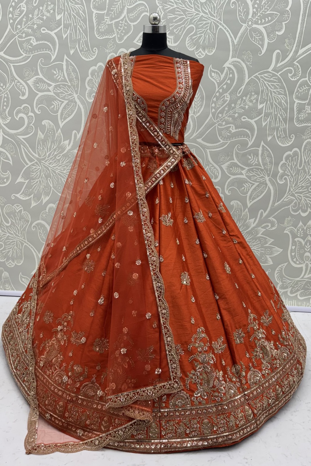 Royal Orange Dori Work Silk Bridal Lehenga Choli With Double Dupatta