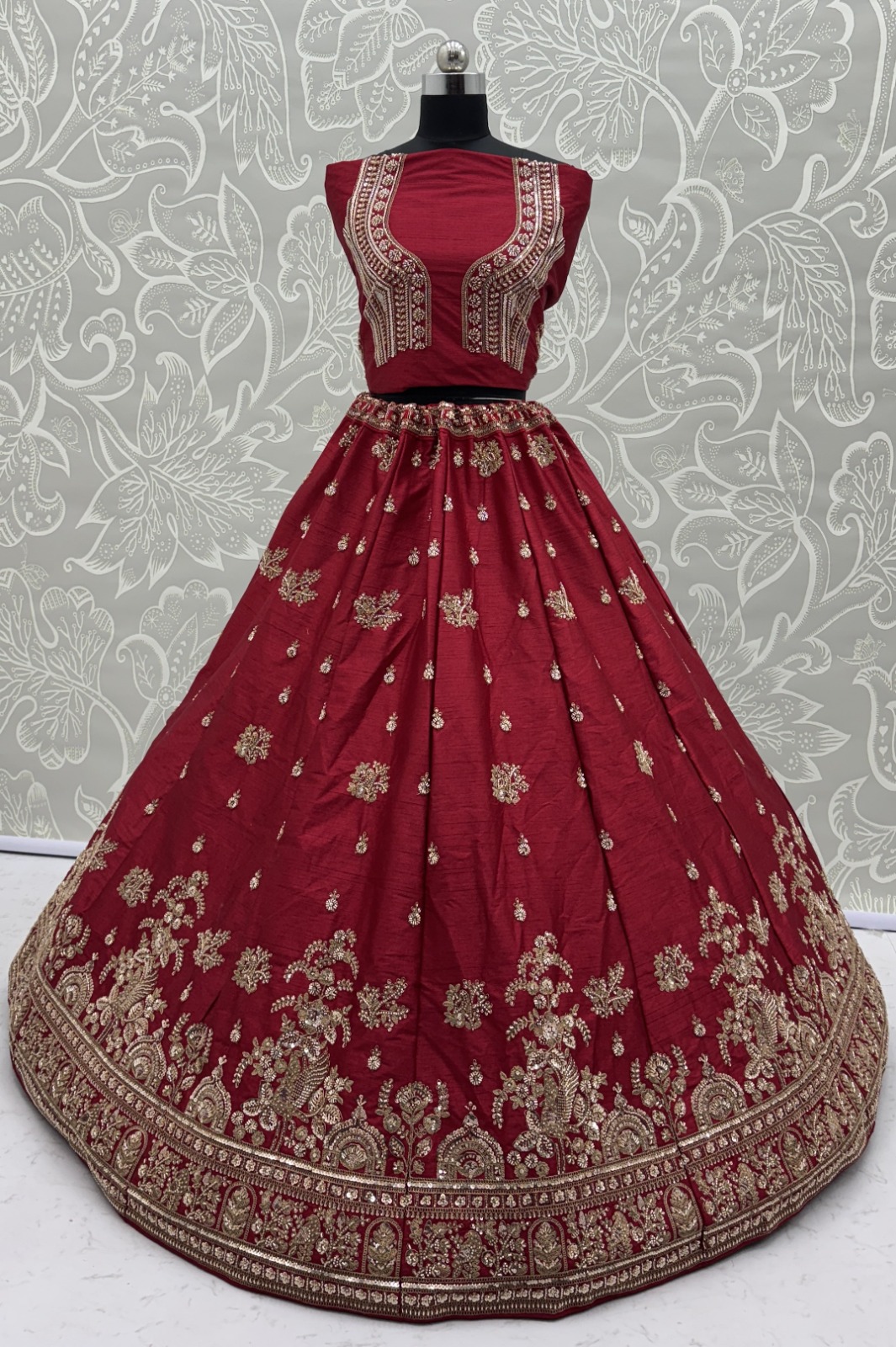 Appealing Red Bead Work Silk Bridal Lehenga Choli With Double Dupatta