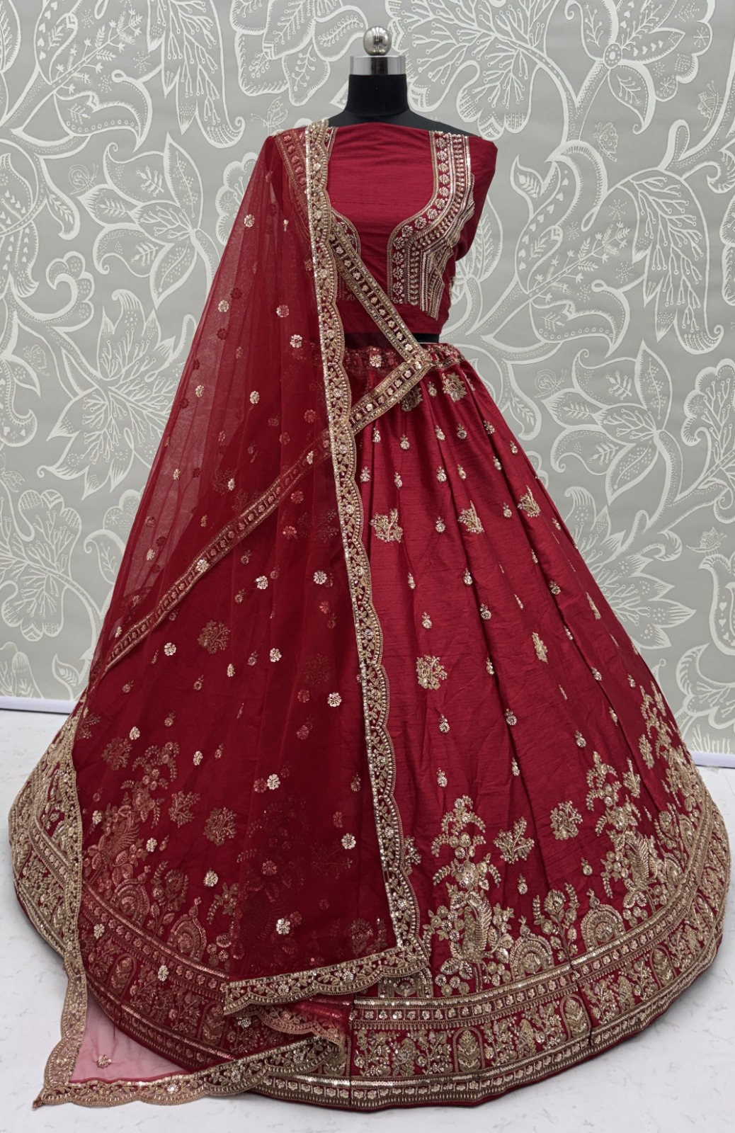 Appealing Red Bead Work Silk Bridal Lehenga Choli With Double Dupatta