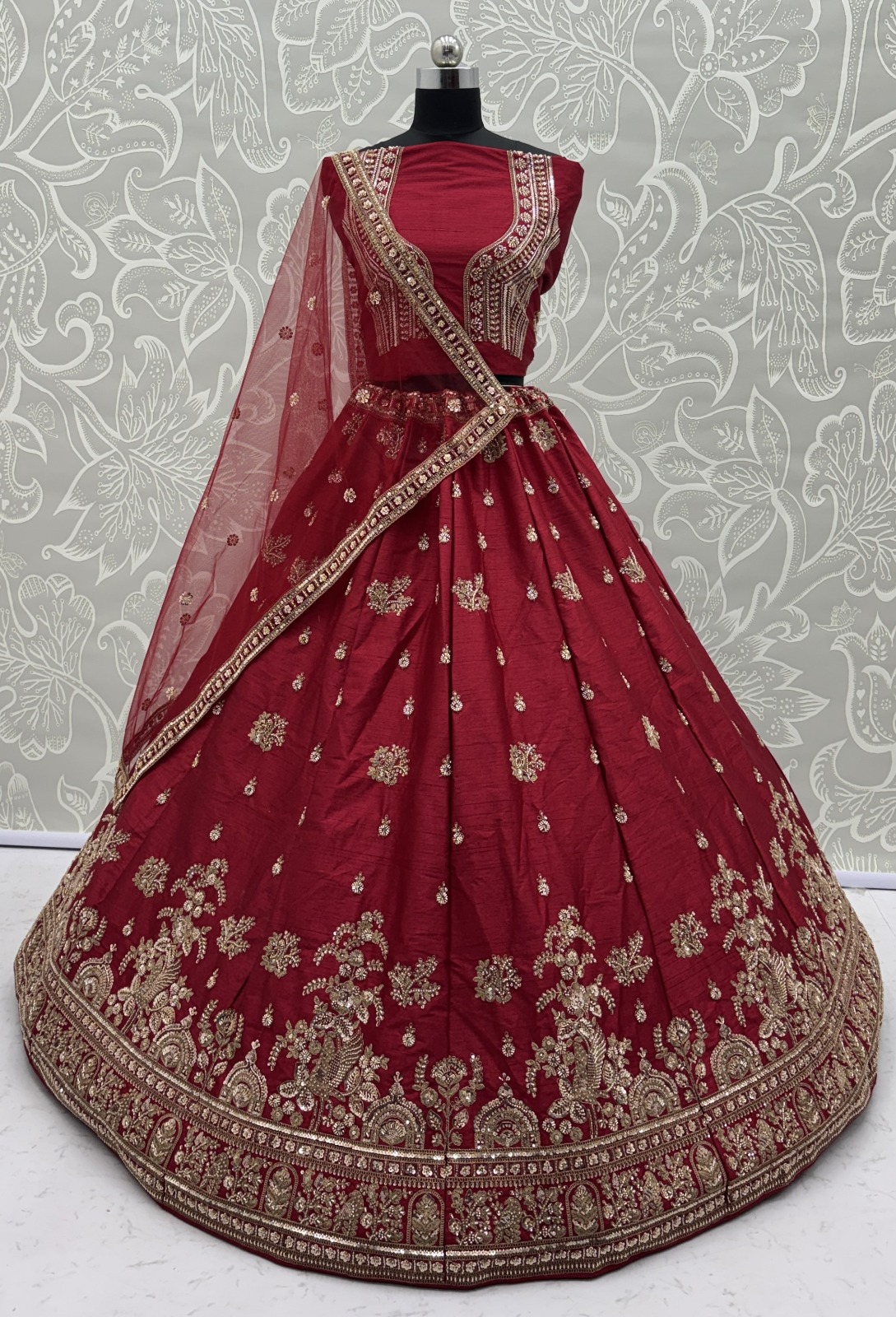Appealing Red Bead Work Silk Bridal Lehenga Choli With Double Dupatta
