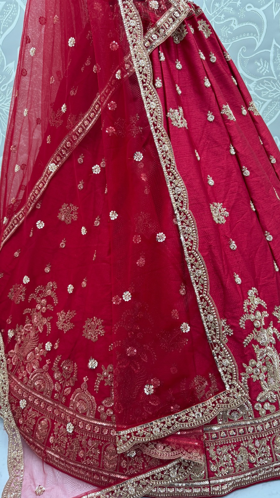 Appealing Red Bead Work Silk Bridal Lehenga Choli With Double Dupatta
