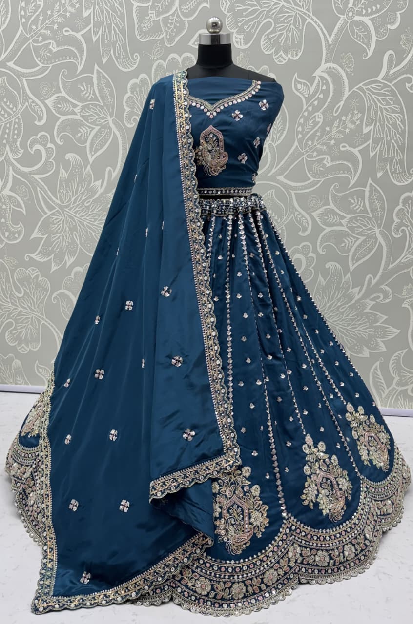 Dazzling Teal Blue Sequins Silk Wedding Wear Lehenga Choli