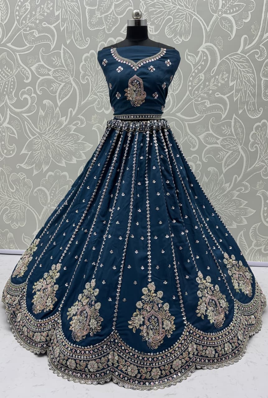 Dazzling Teal Blue Sequins Silk Wedding Wear Lehenga Choli