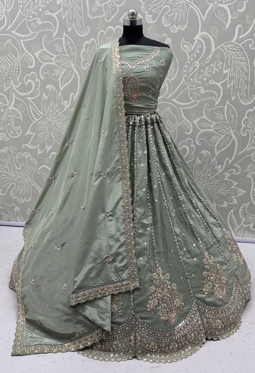 Awesome Green Embroidered Silk Wedding Wear Lehenga With Blouse