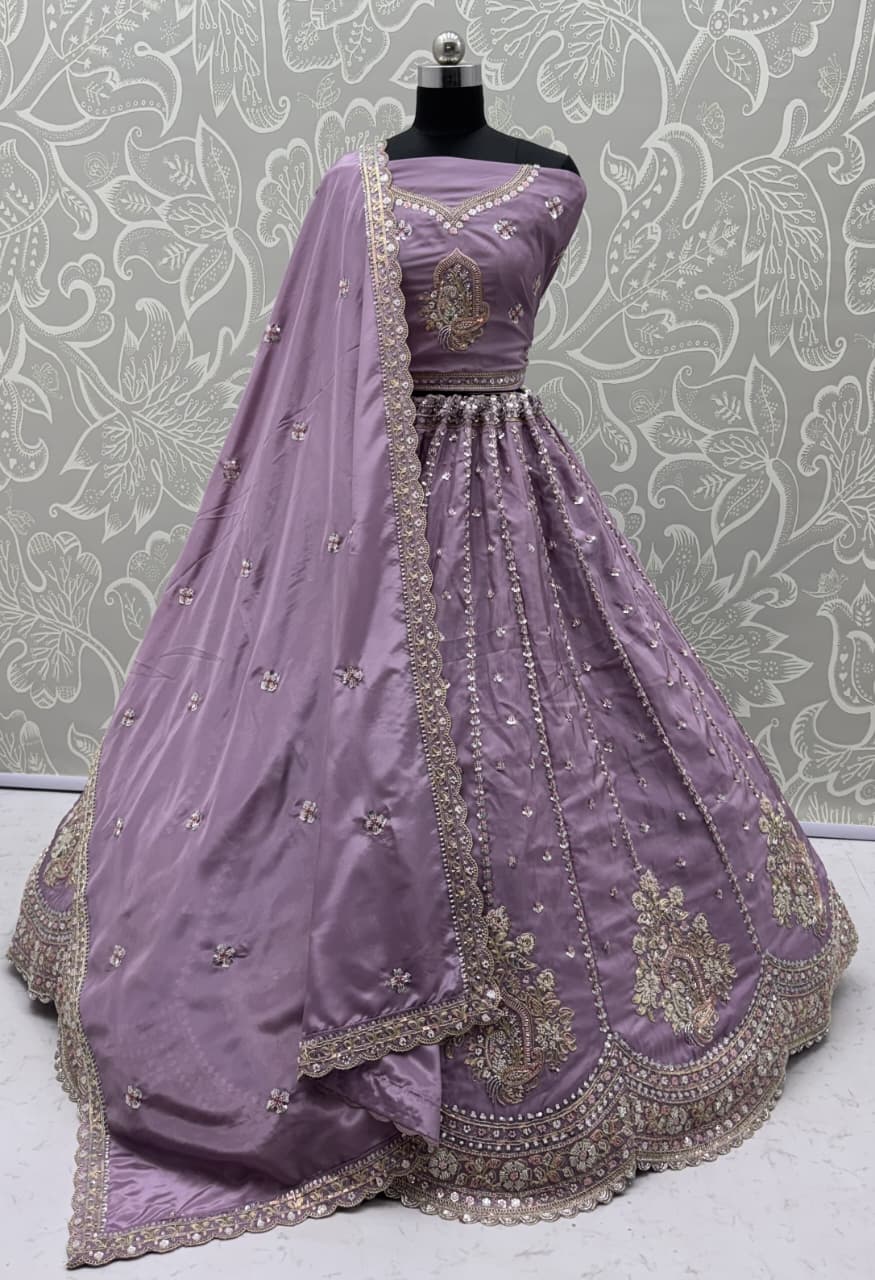 Fantastic Lavender Sequins Silk Reception Wear Lehenga Choli