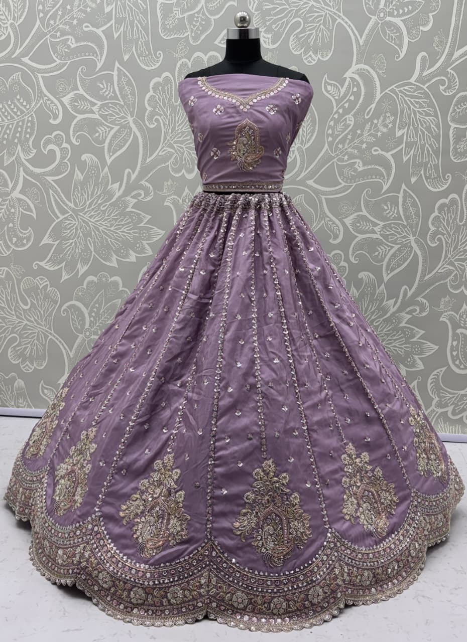 Fantastic Lavender Sequins Silk Reception Wear Lehenga Choli