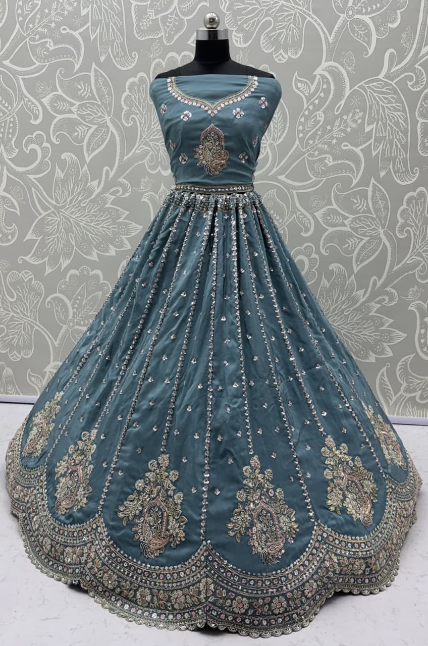Fantastic Teal Blue Bead Work Silk Engagement Wear Lehenga Choli