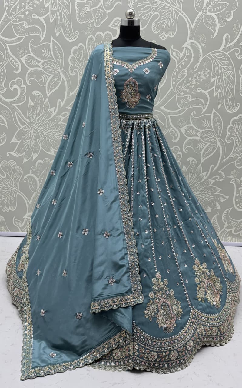 Fantastic Teal Blue Bead Work Silk Engagement Wear Lehenga Choli