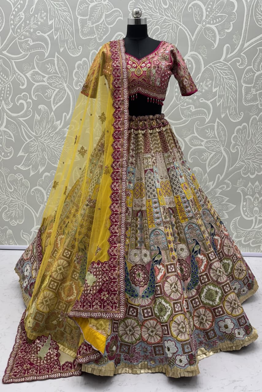 Multicolor Gadhwal Silk Embroidered Sequins With Beads Embellished Lehenga Wedding Wear