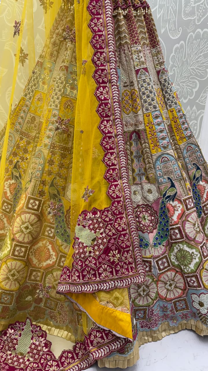 Multicolor Gadhwal Silk Embroidered Sequins With Beads Embellished Lehenga Wedding Wear