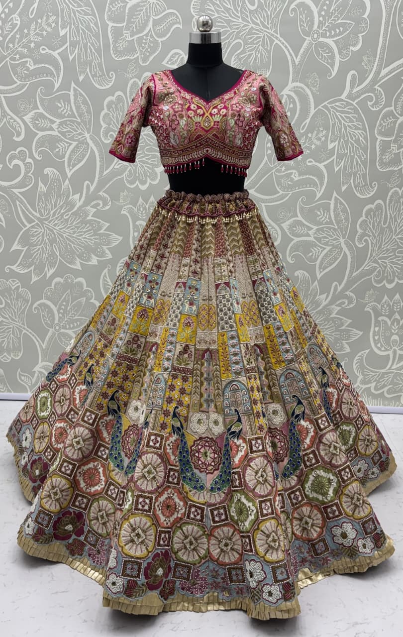 Multicolor Gadhwal Silk Embroidered Sequins With Beads Embellished Lehenga Wedding Wear