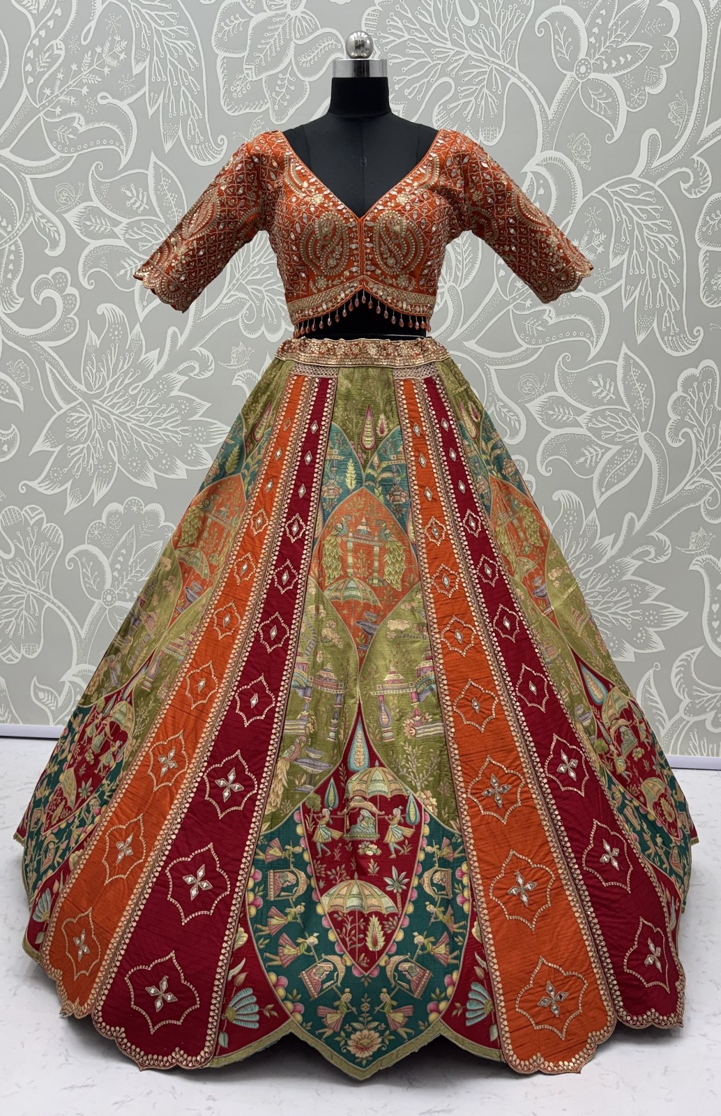Multi Orange Color Multi Thread Work Bridal Lehenga Choli