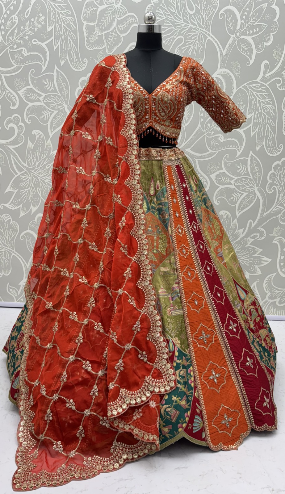 Multi Orange Color Multi Thread Work Bridal Lehenga Choli