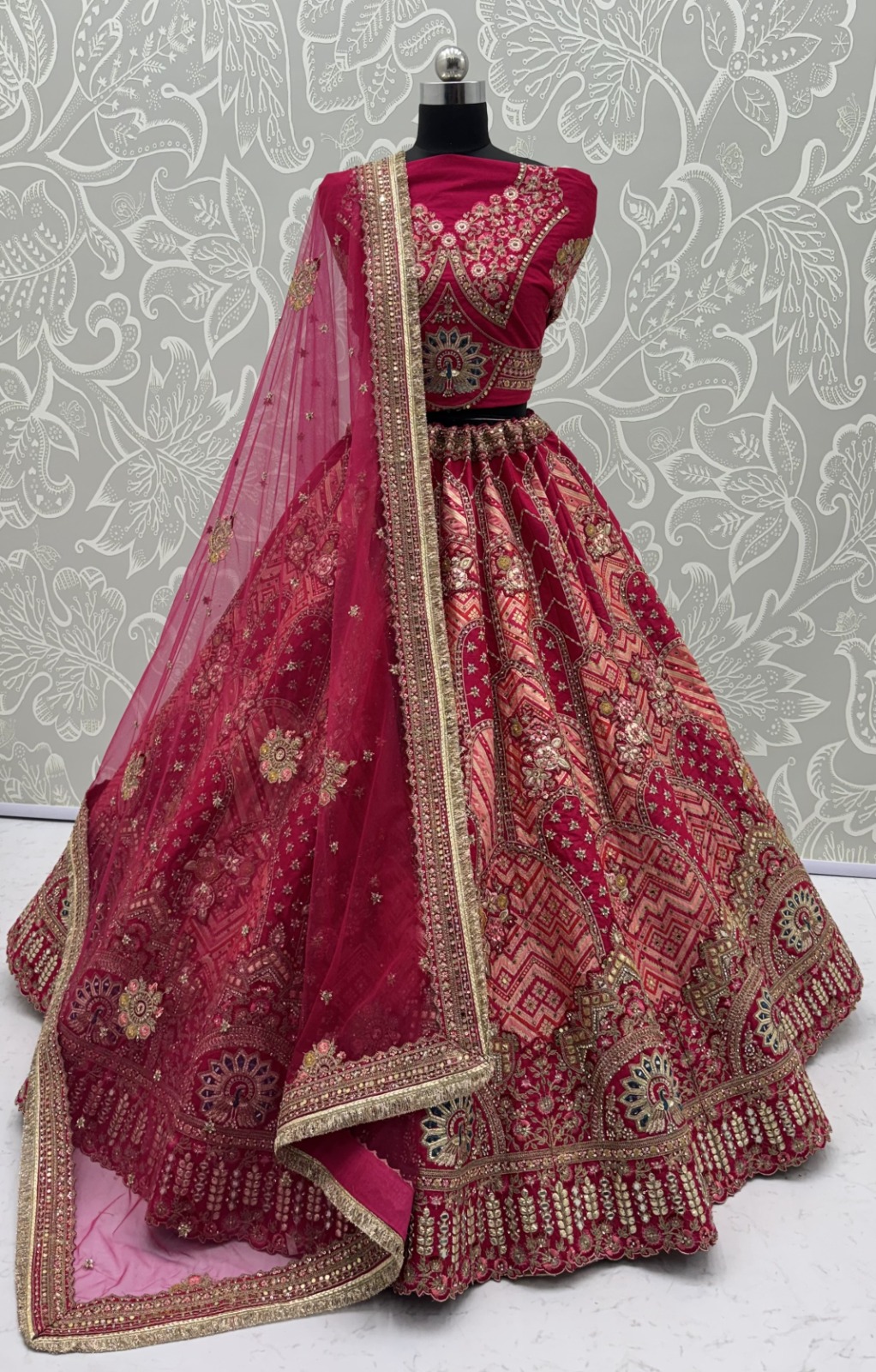 Pink Pure Soft Gadhwal Silk Heavy Embroidery Work Bridal Lehenga Choli - Rani Pink