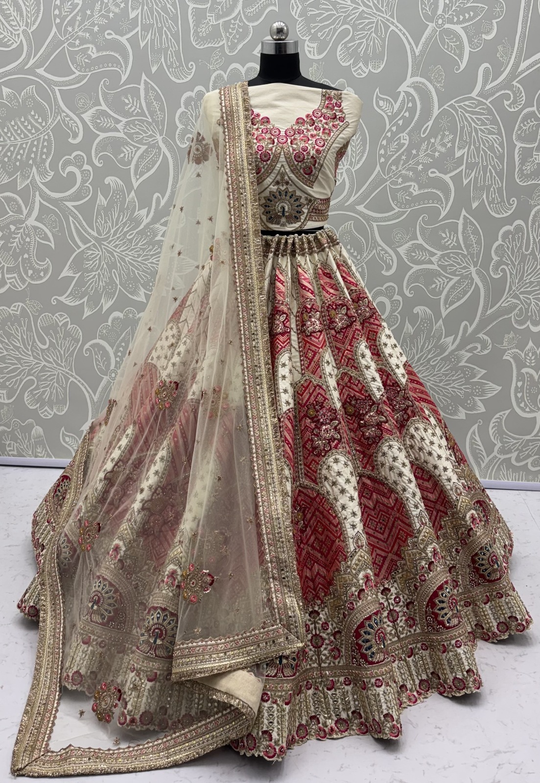White Pure Soft Gadhwal Silk Heavy Embroidery Work Bridal Lehenga Choli - White