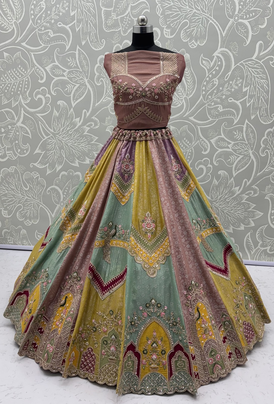 Multi-Color Silk Patch Work & Moti,Beads Work Designer Semi-Stitched Lehenga Choli