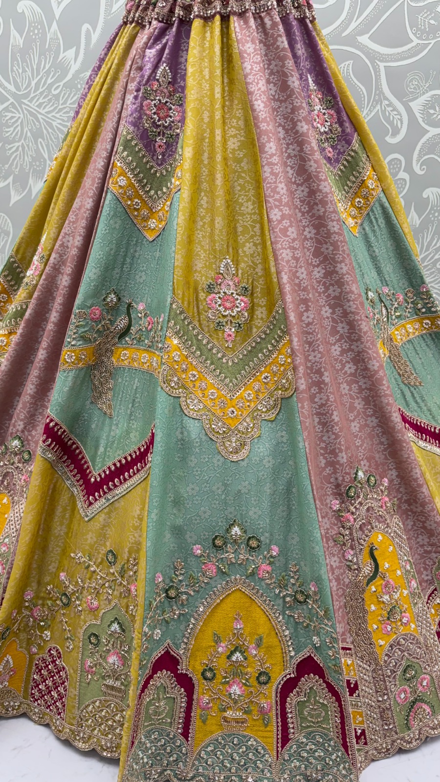 Multi-Color Silk Patch Work & Moti,Beads Work Designer Semi-Stitched Lehenga Choli
