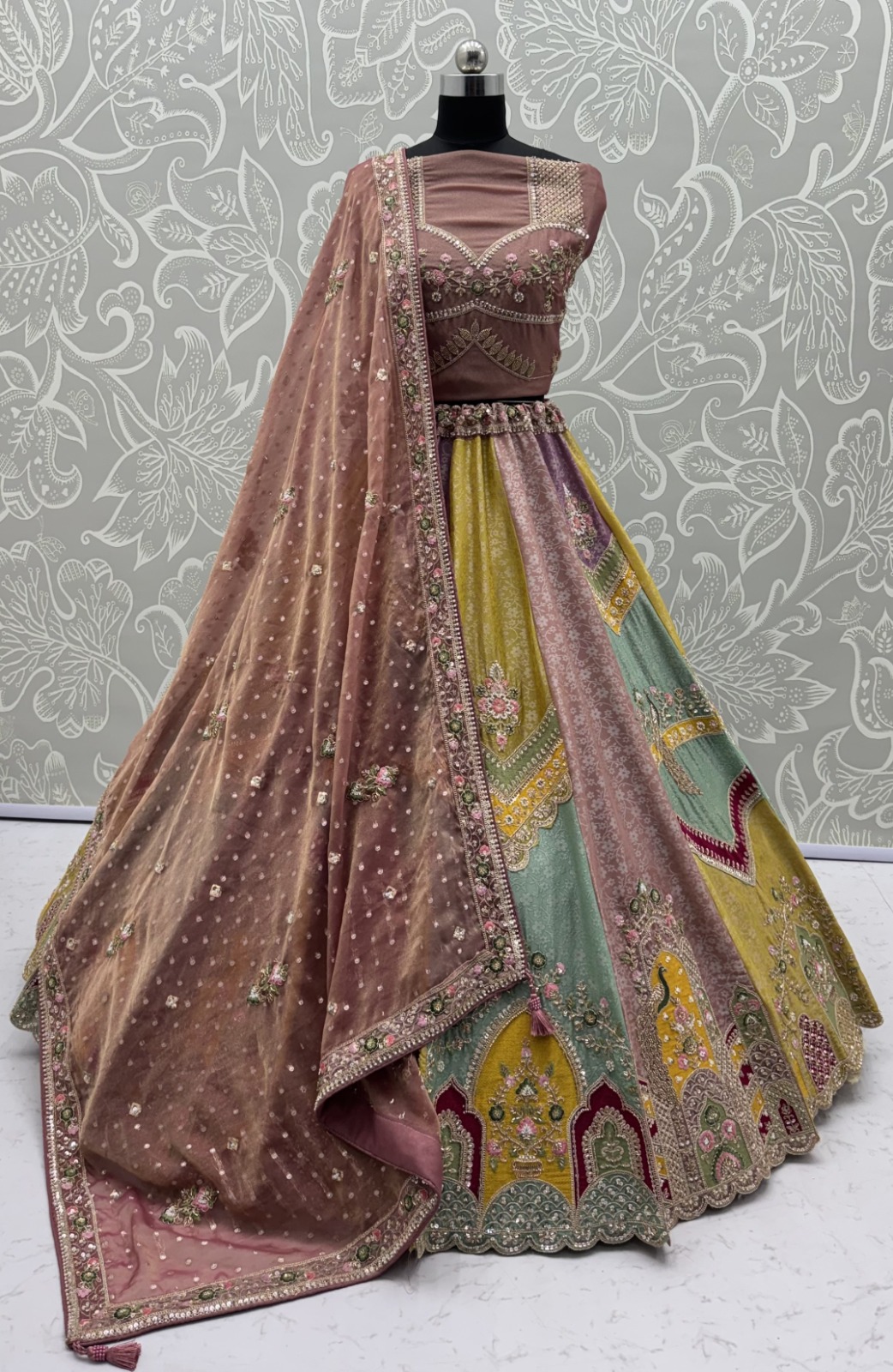 Multi-Color Silk Patch Work & Moti,Beads Work Designer Semi-Stitched Lehenga Choli