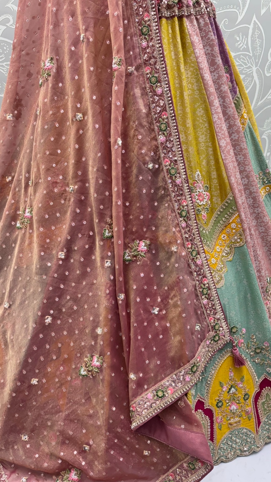 Multi-Color Silk Patch Work & Moti,Beads Work Designer Semi-Stitched Lehenga Choli