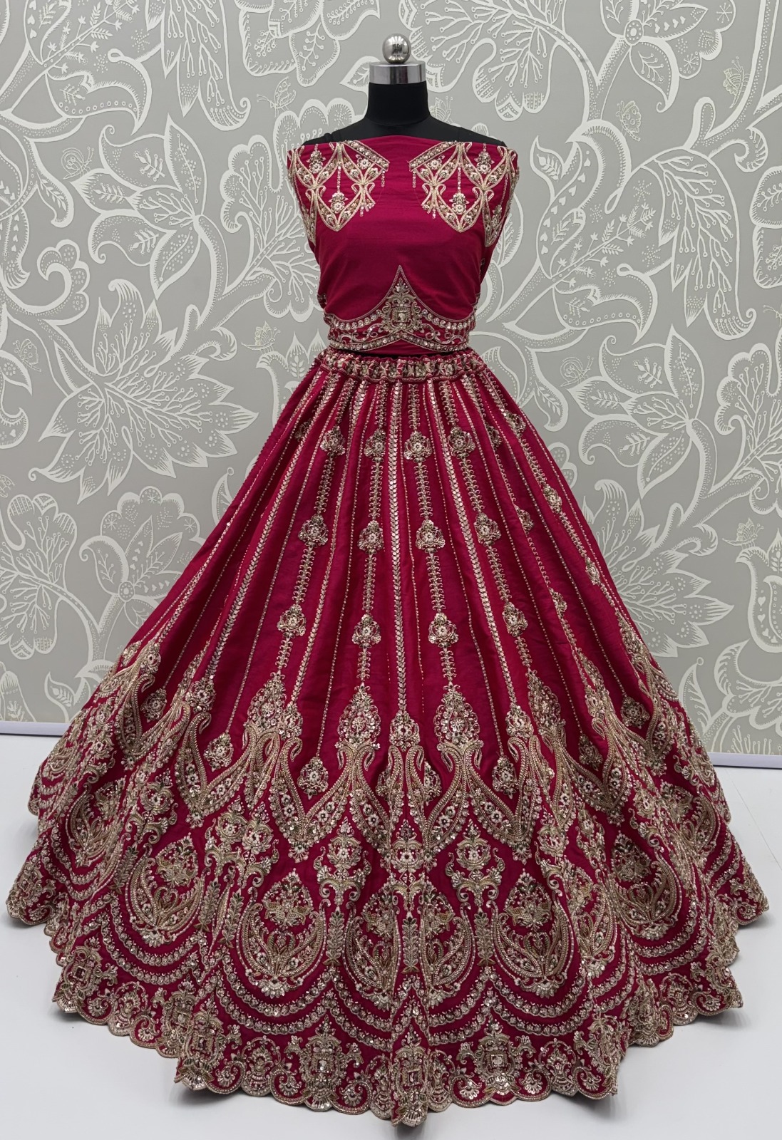 Rani-Pink Silk Bridal Embroidered using Beads, Moti, Cotton Multi-Thread Handwork Semi-Stitched Lehenga Choli