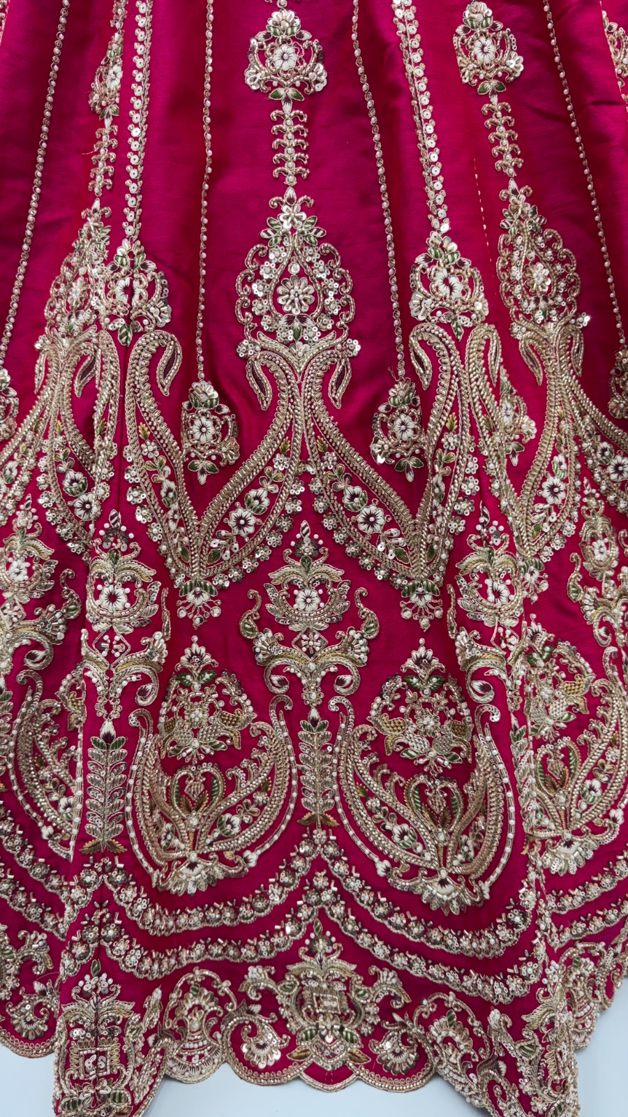Rani-Pink Silk Bridal Embroidered using Beads, Moti, Cotton Multi-Thread Handwork Semi-Stitched Lehenga Choli