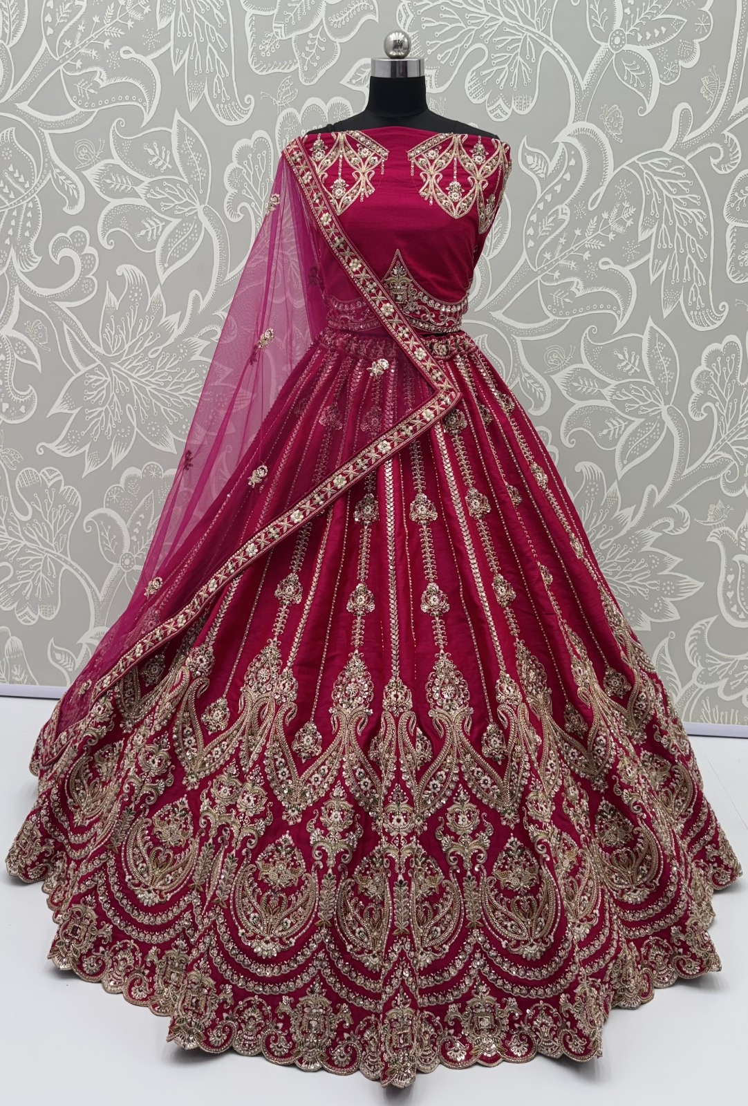 Rani-Pink Silk Bridal Embroidered using Beads, Moti, Cotton Multi-Thread Handwork Semi-Stitched Lehenga Choli