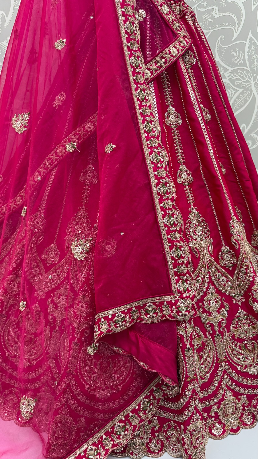 Rani-Pink Silk Bridal Embroidered using Beads, Moti, Cotton Multi-Thread Handwork Semi-Stitched Lehenga Choli