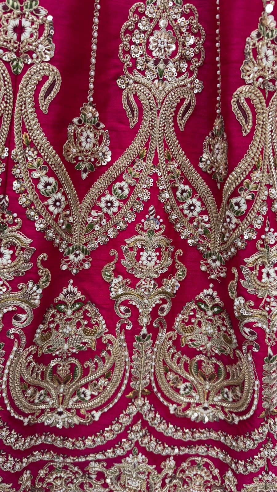 Rani-Pink Silk Bridal Embroidered using Beads, Moti, Cotton Multi-Thread Handwork Semi-Stitched Lehenga Choli