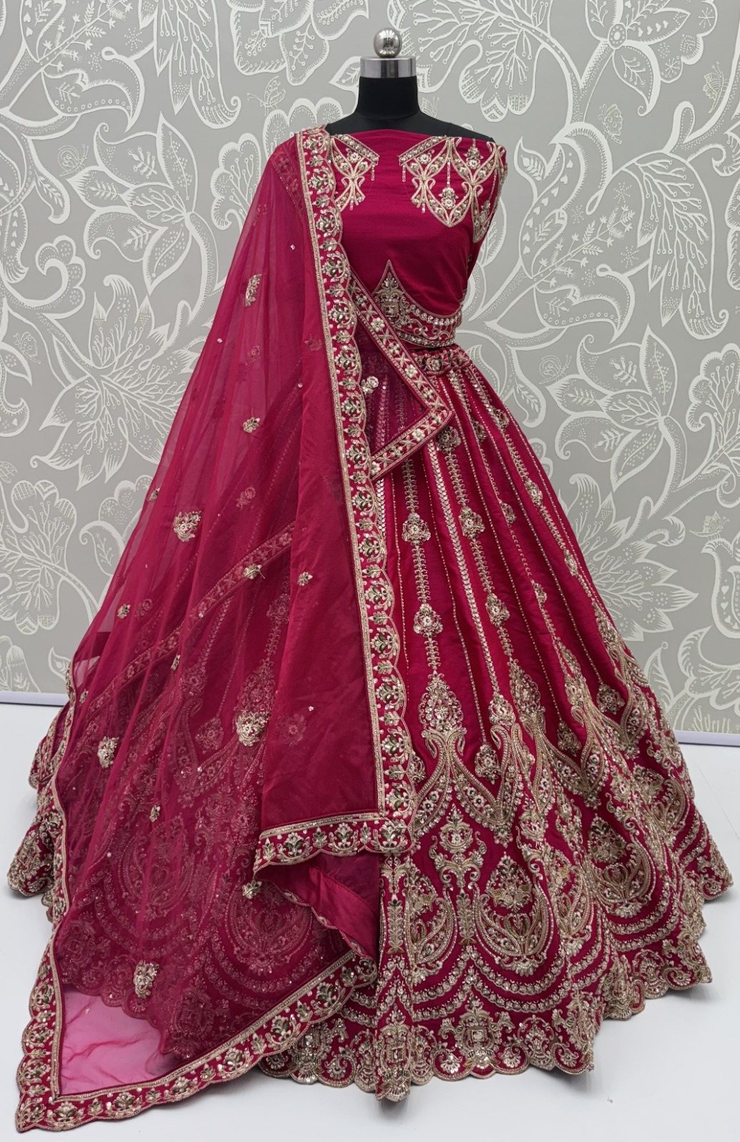 Rani-Pink Silk Bridal Embroidered using Beads, Moti, Cotton Multi-Thread Handwork Semi-Stitched Lehenga Choli