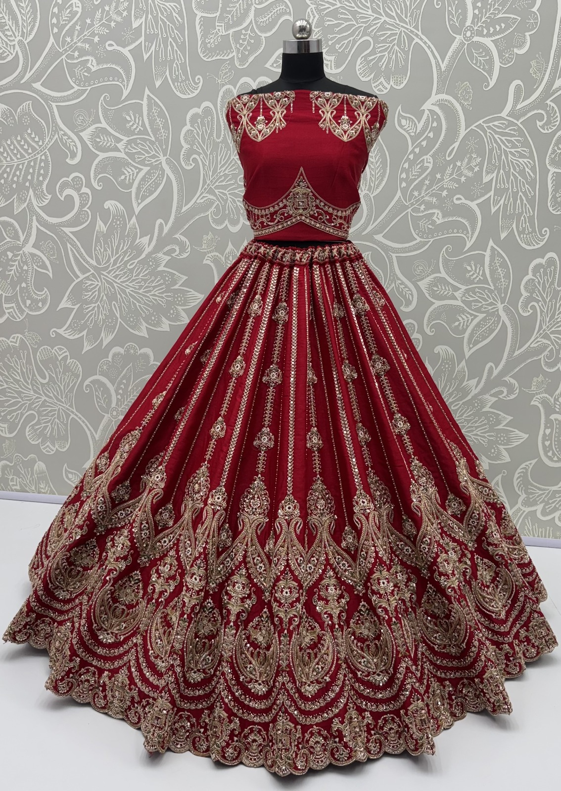 Red Silk Bridal Embroidered using Beads, Moti, Cotton Multi-Thread Handwork Semi-Stitched Lehenga Choli