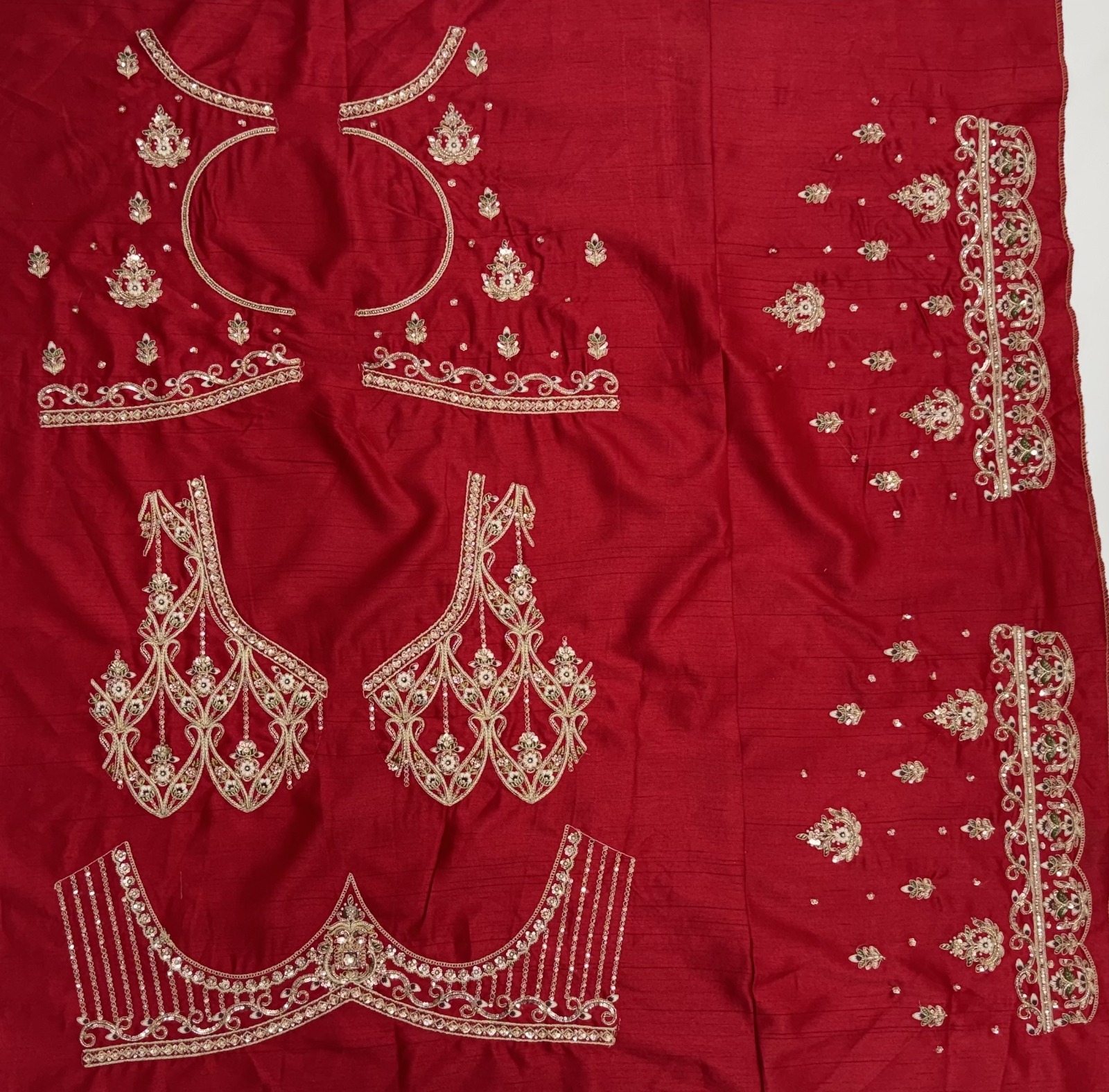 Red Silk Bridal Embroidered using Beads, Moti, Cotton Multi-Thread Handwork Semi-Stitched Lehenga Choli