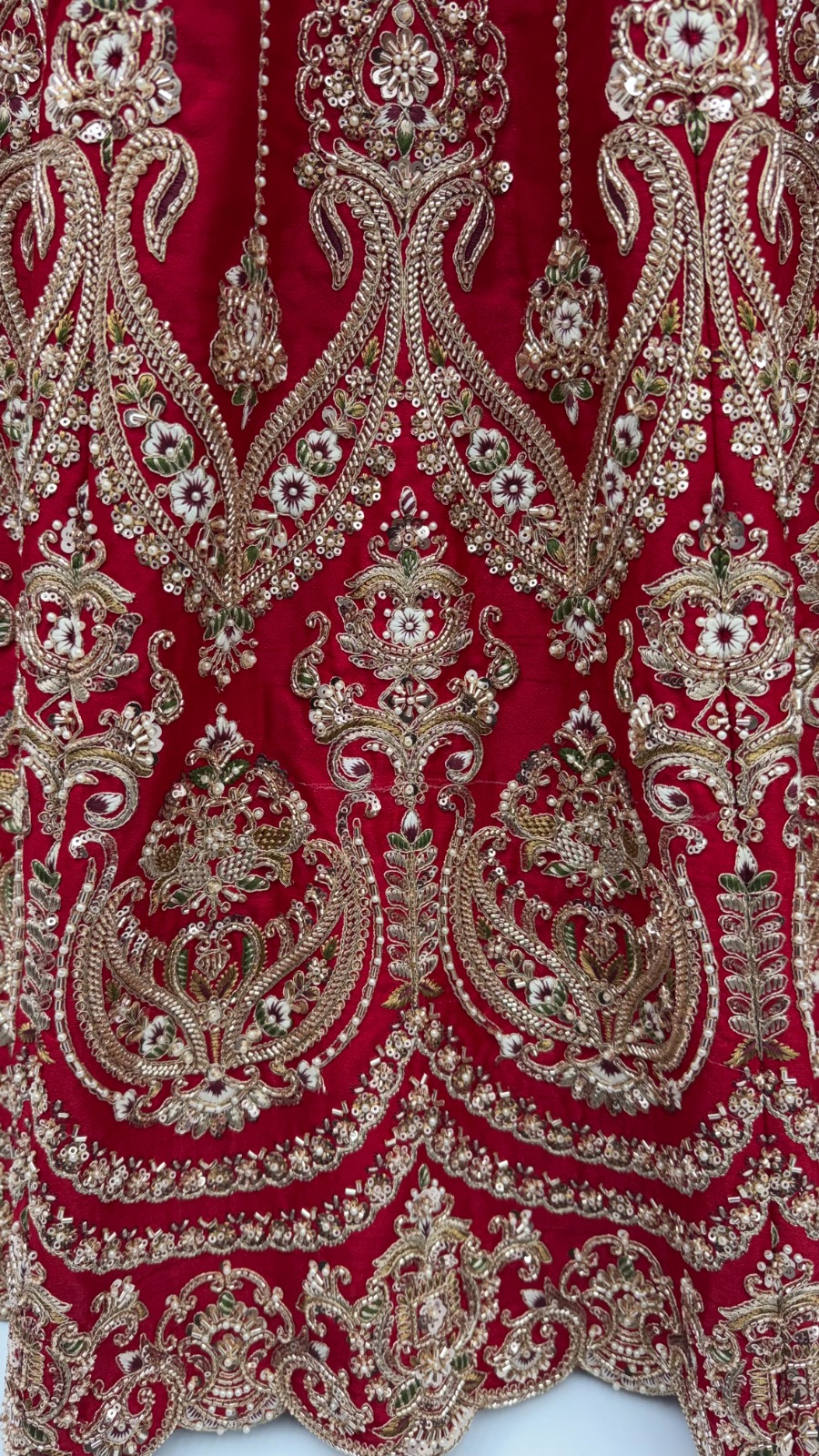 Red Silk Bridal Embroidered using Beads, Moti, Cotton Multi-Thread Handwork Semi-Stitched Lehenga Choli