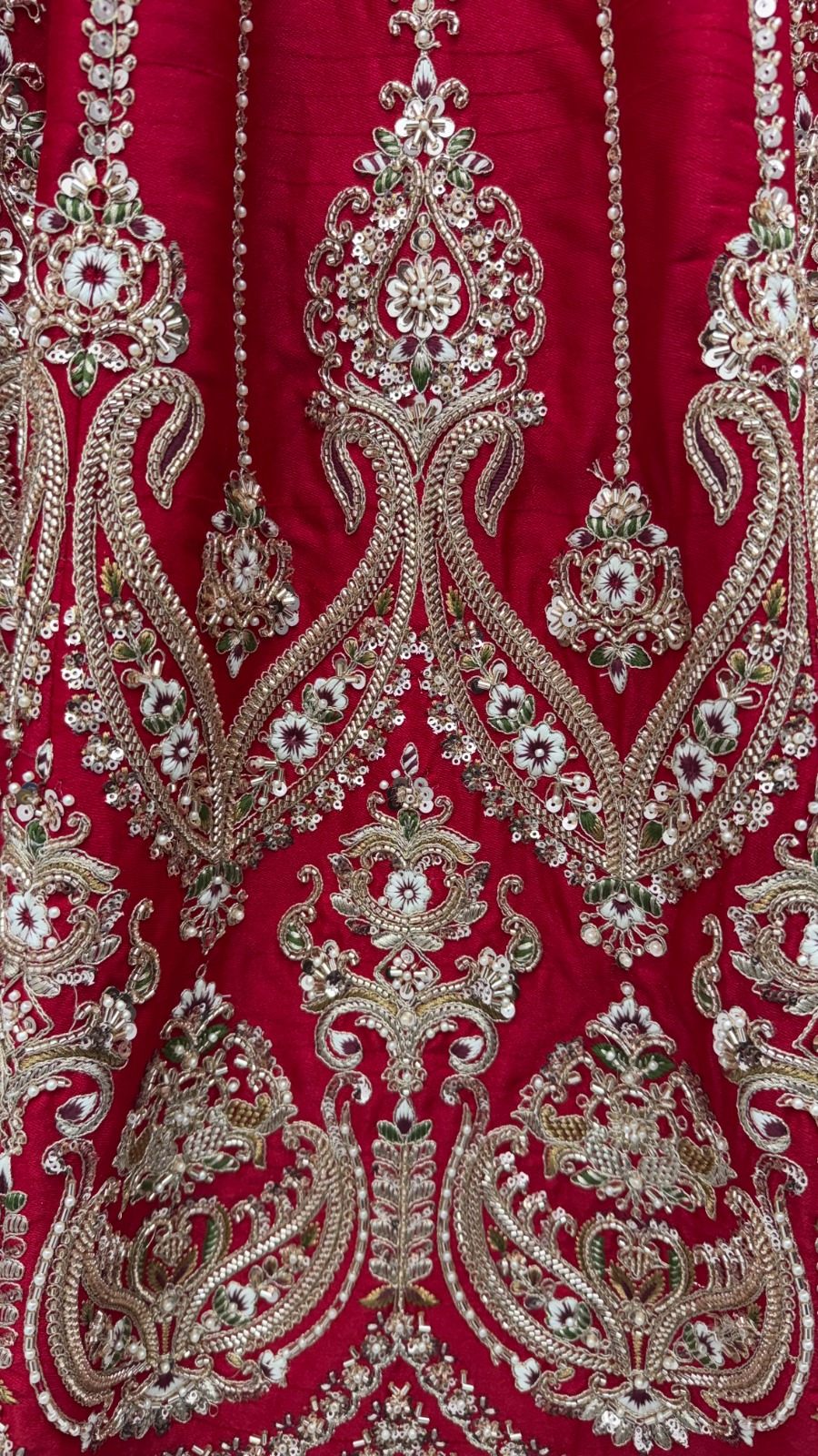 Red Silk Bridal Embroidered using Beads, Moti, Cotton Multi-Thread Handwork Semi-Stitched Lehenga Choli