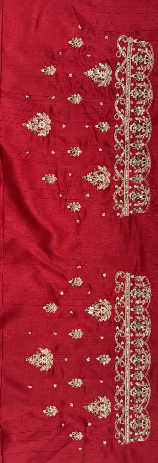 Red Silk Bridal Embroidered using Beads, Moti, Cotton Multi-Thread Handwork Semi-Stitched Lehenga Choli